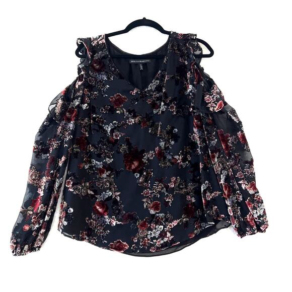 White House Black Market Tops - WHBM Velvet Ruffle Back Purple Floral V Neck Blouse Top Womens Sz 10